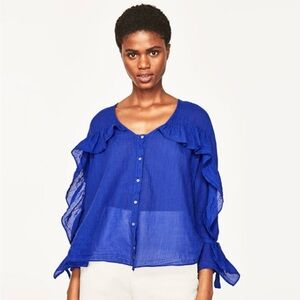 Zara Top Button Up Cobalt Blue Long Sleeve Ruffle Cotton Women M Boho Casual